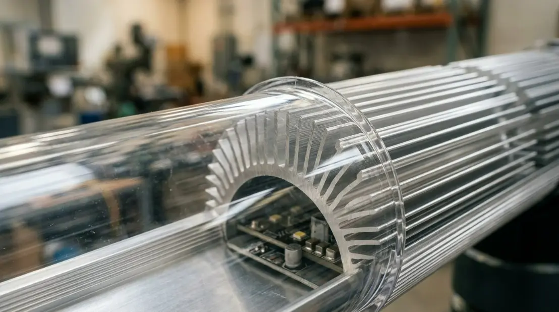 A high-quality 3D render of an LED T6 tube housing showing the clear PC tube and the internal high-grade aluminum heat sink structure.
